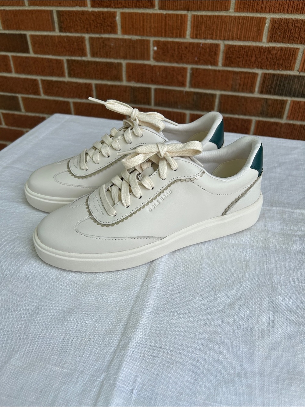 Cole Haan Cream Leather Lace-Up Sneakers with Dark Green Heel Tab